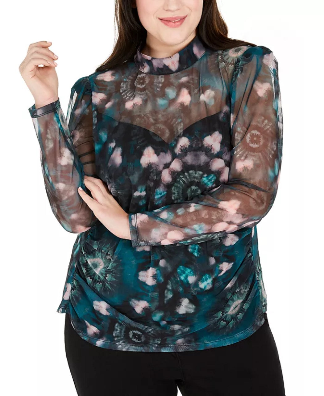 INC International Concepts Women's Printed Mesh Mockneck Top Black Size 0X