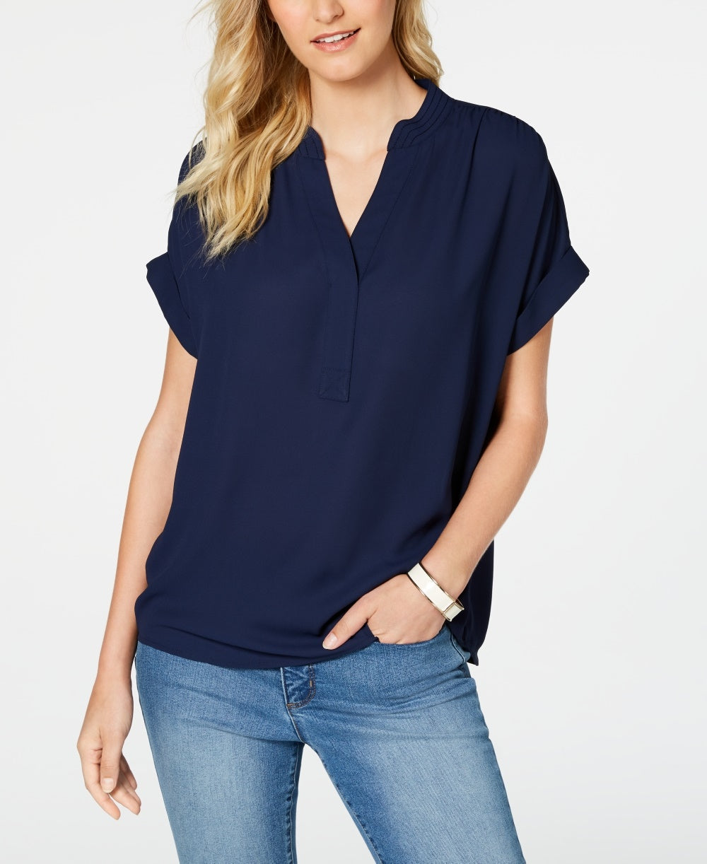 Charter Club Women's Petite Split-Neck Short-Sleeve Top Blue Size  XL