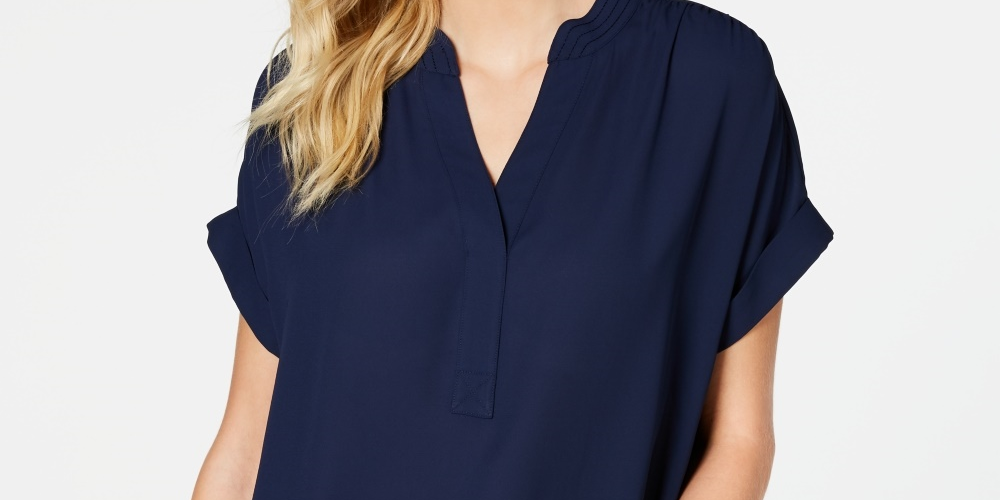 Charter Club Women's Petite Split-Neck Short-Sleeve Top Blue Size  XL