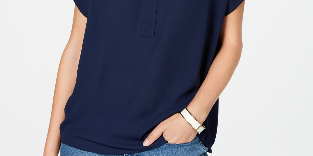 Charter Club Women's Petite Split-Neck Short-Sleeve Top Blue Size  XL