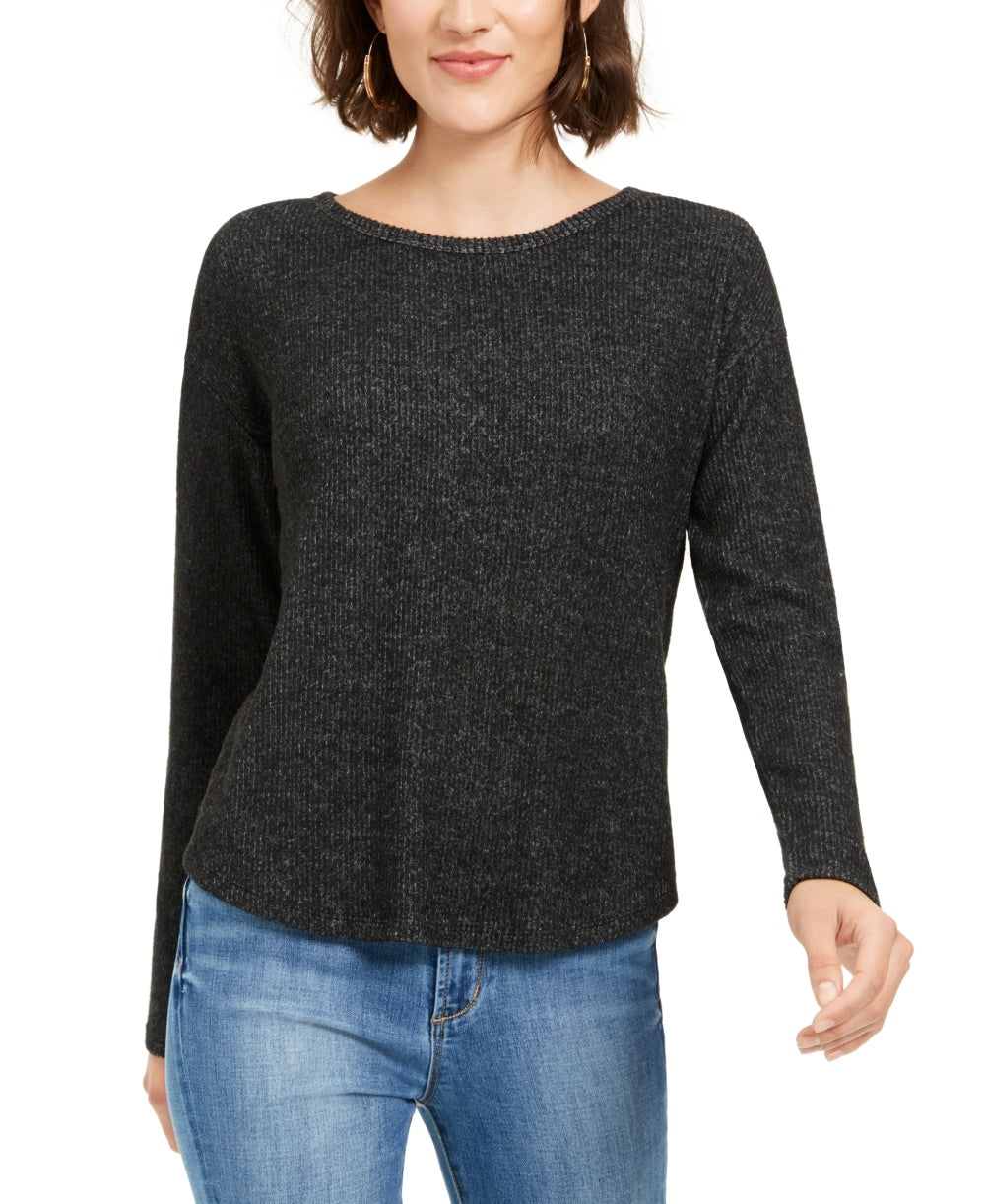 Almost Famous Junior's Crave Fame Cozy Twist Back Ribbed Top Black Size X-Small