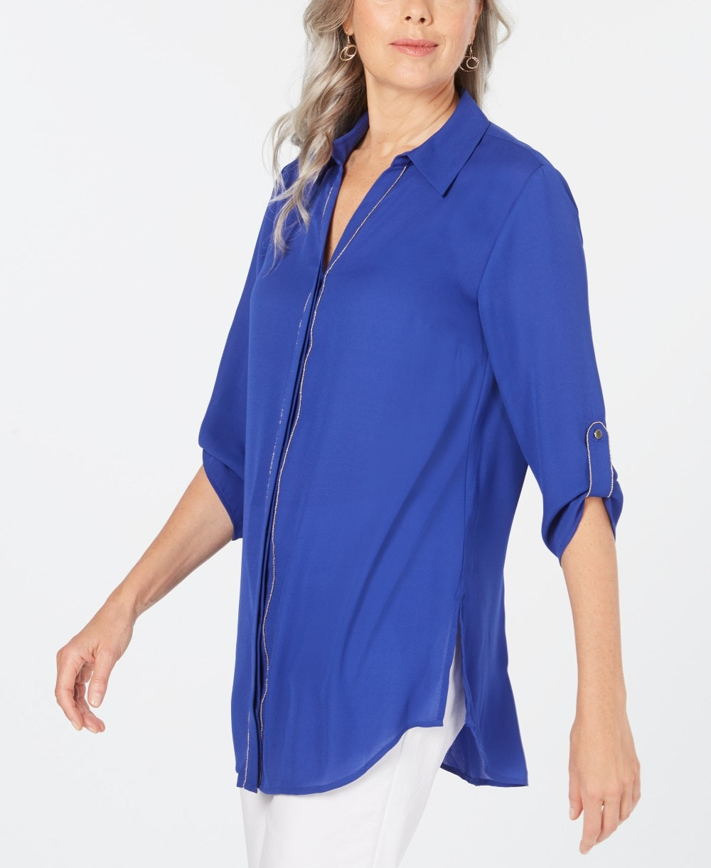 JM Collection Women's Embellished Utility Shirt Blue Size PP