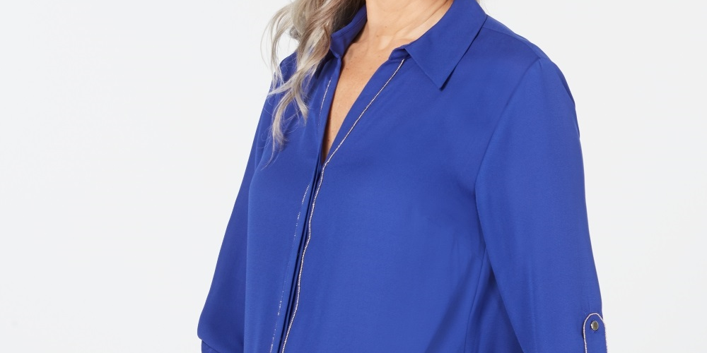 JM Collection Women's Embellished Utility Shirt Blue Size PP