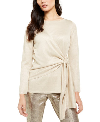 Alfani Women's Metallic Blend Side Tie Blouse Beige Size Small