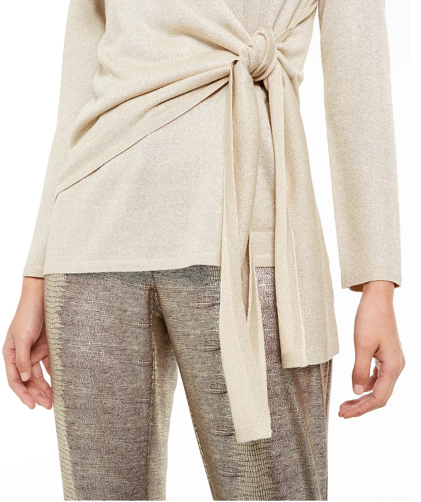 Alfani Women's Metallic Blend Side Tie Blouse Beige Size Small