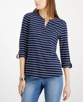 Charter Club Women's Petite Striped Split-Neck Top Blue Size PS/M