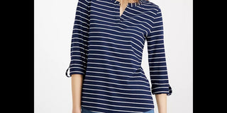 Charter Club Women's Petite Striped Split-Neck Top Blue Size PS/M