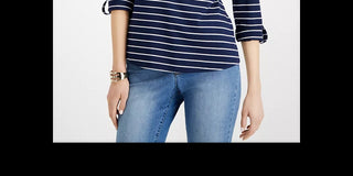 Charter Club Women's Petite Striped Split-Neck Top Blue Size PS/M