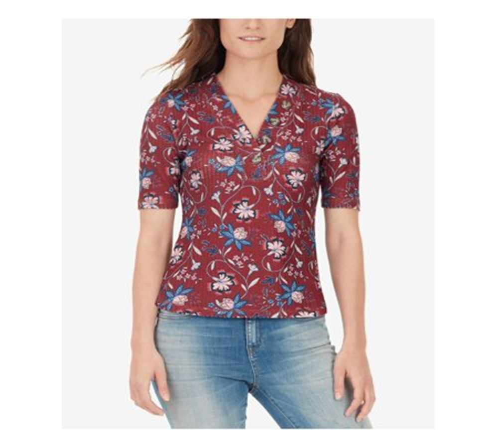 William Rast Women's Floral Henley Shirt Red Size X-small