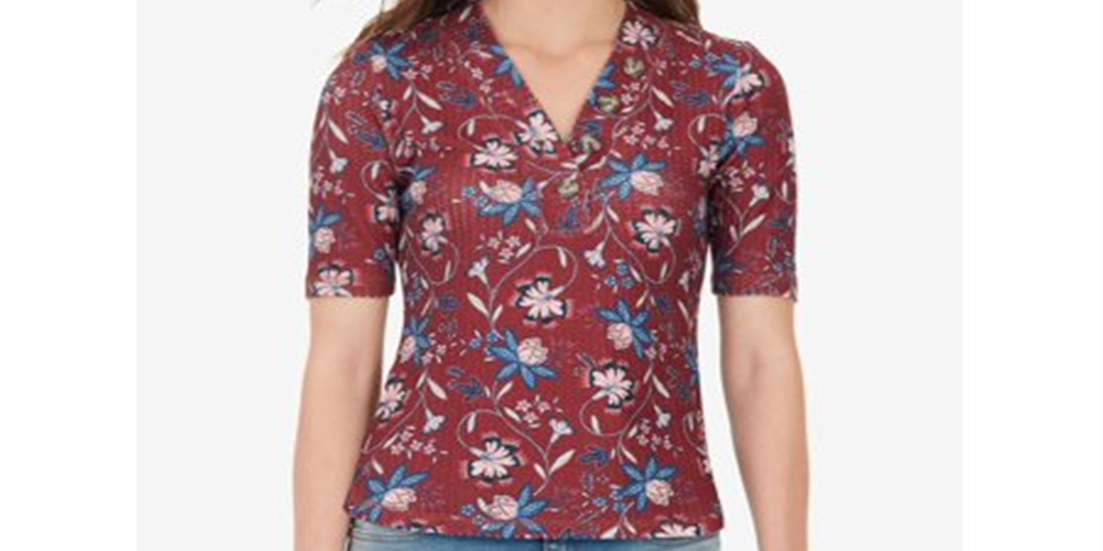 William Rast Women's Floral Henley Shirt Red Size X-small