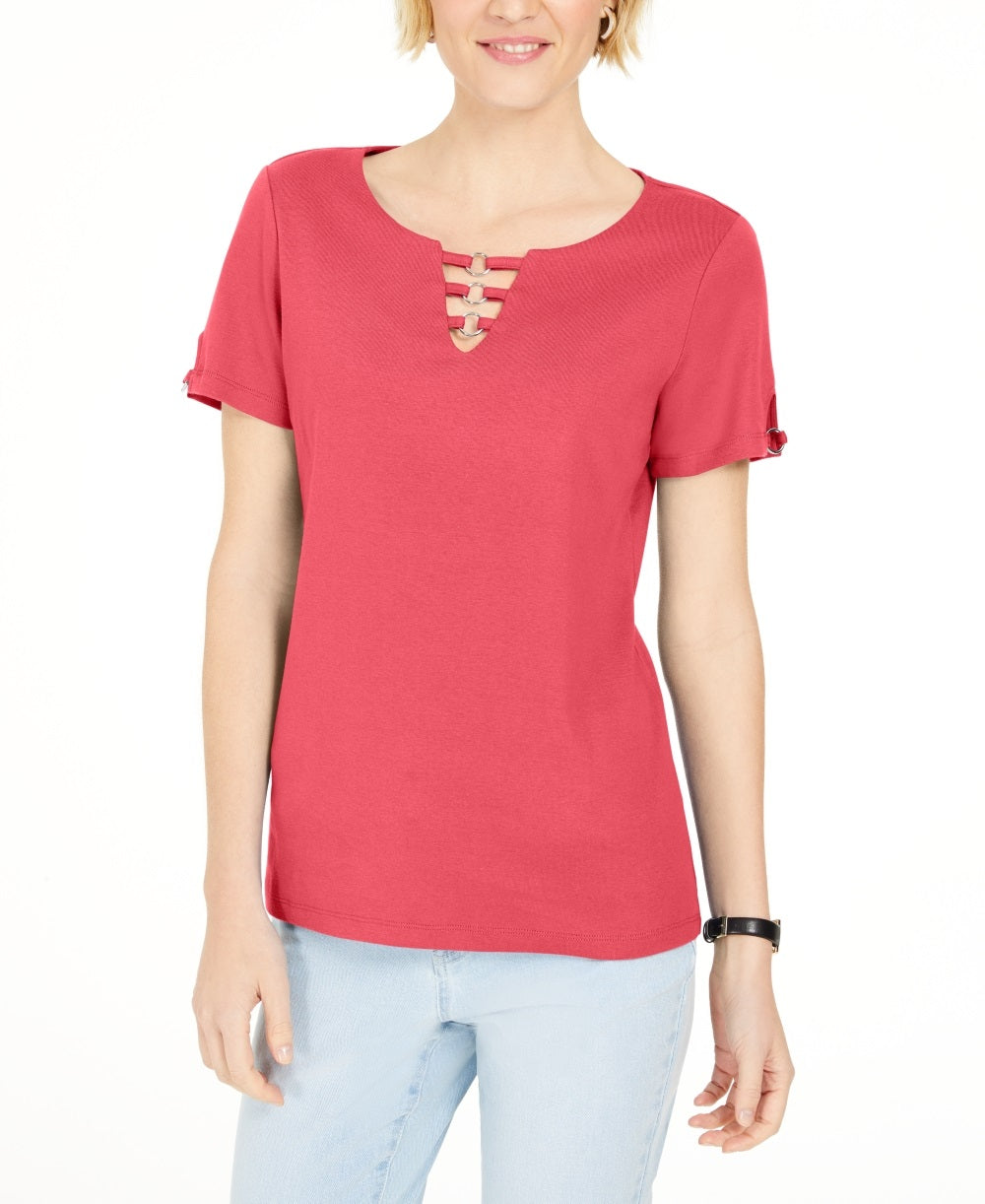 Karen Scott Women's Triple Ring Cutout Top Orange Size Medium