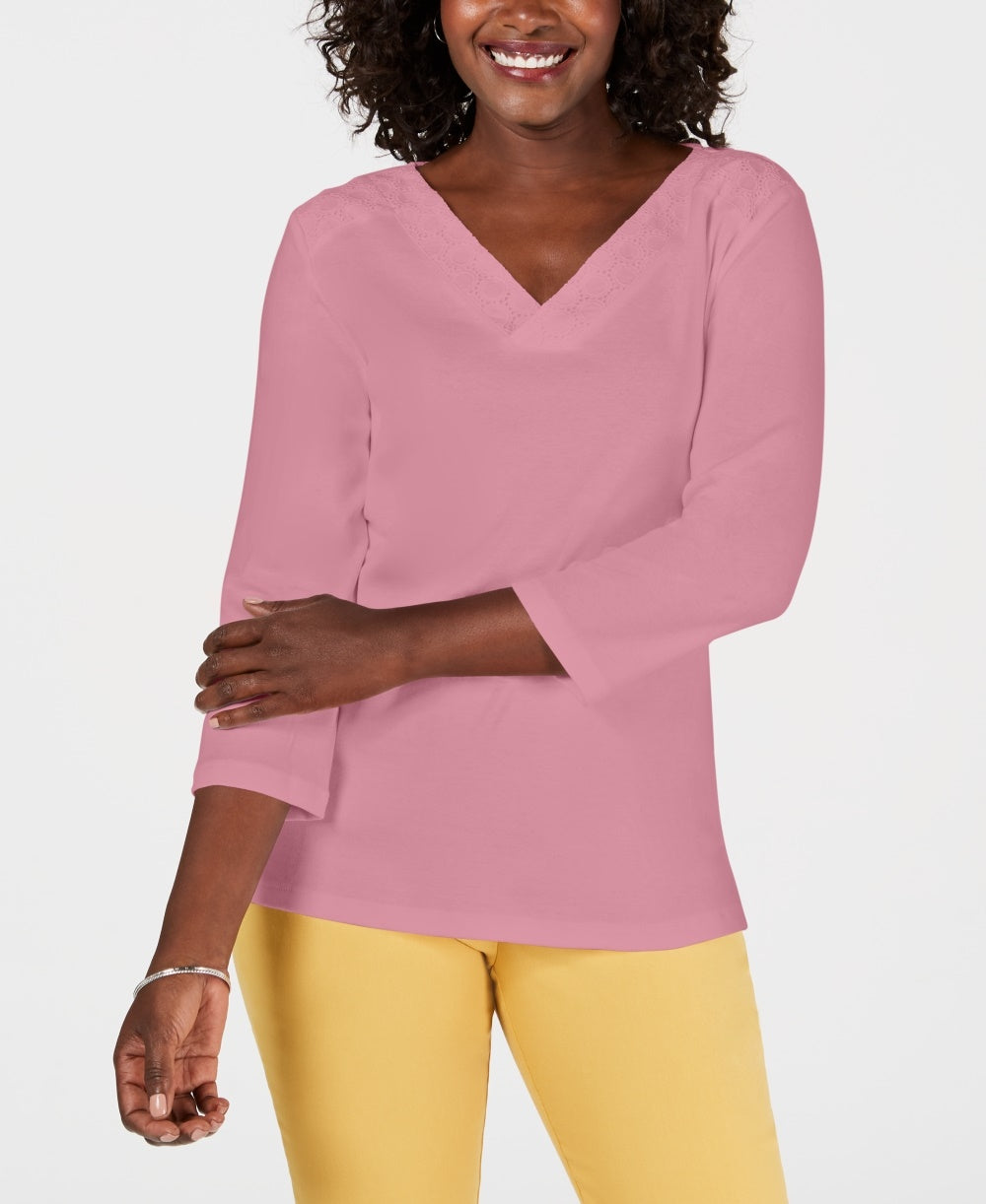 Karen Scott Women's Eyelet V Neck Cotton Top Pink Size Petite Medium