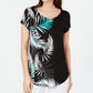 Alfani Women's Printed Round-Hem T-Shirt Black Size Petite Medium