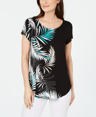 Alfani Women's Printed Round-Hem T-Shirt Black Size Petite Medium