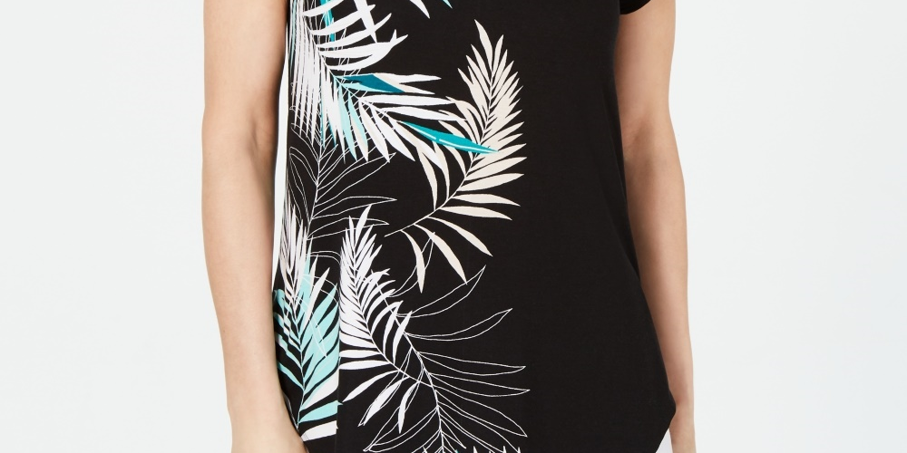 Alfani Women's Printed Round-Hem T-Shirt Black Size Petite Medium
