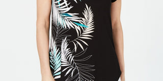 Alfani Women's Printed Round-Hem T-Shirt Black Size Petite Medium