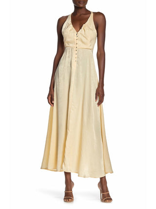 Free People Women's Solid Sleeveless V Neck Tea Length Empire Waist Cocktail Dress Yellow Size Small