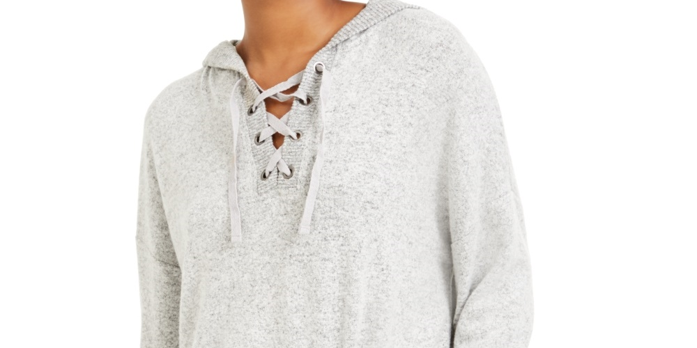 Hippie Rose Juniors' Cozy Lace-Up Hoodie Gray Size Large