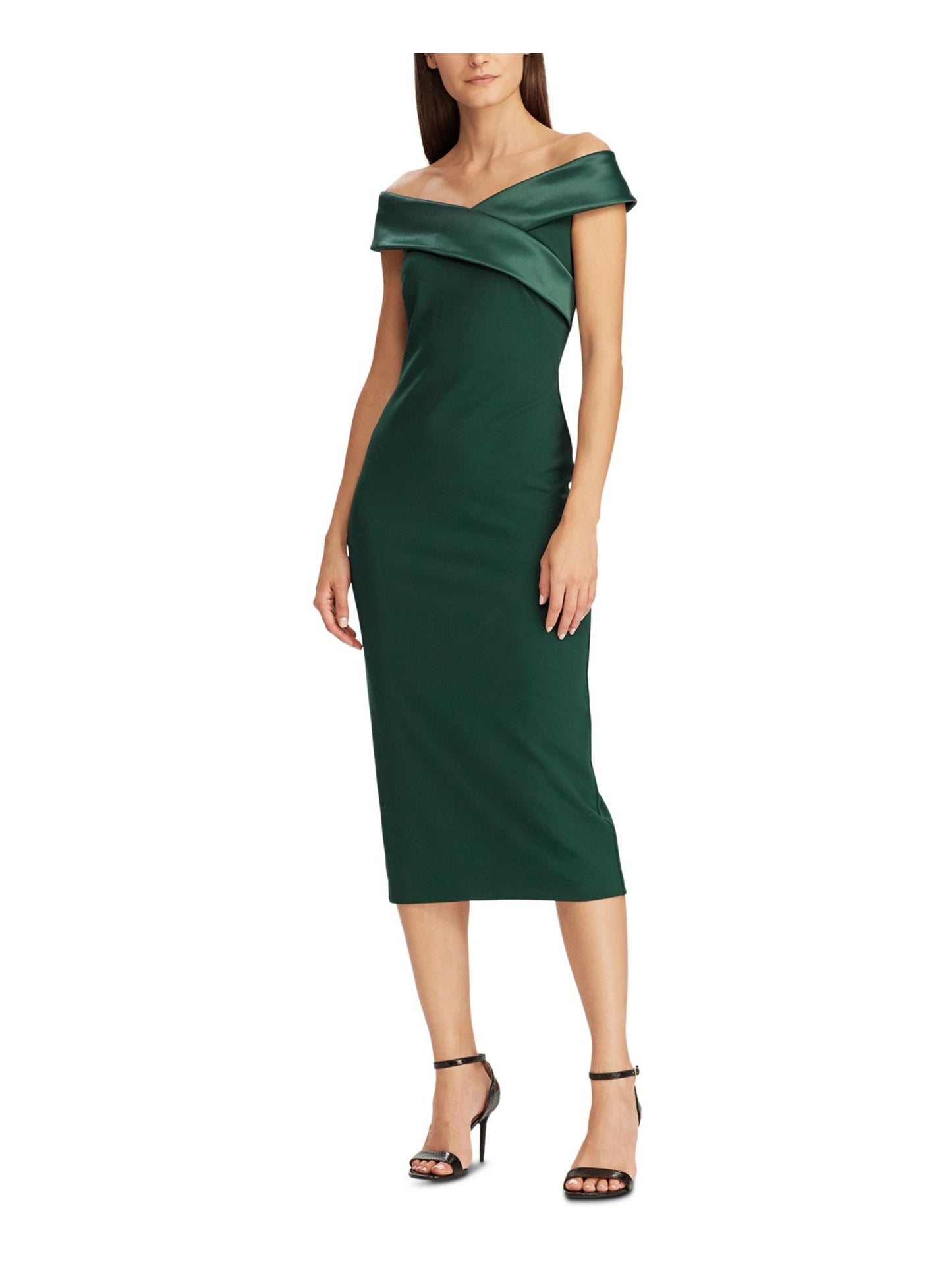 Ralph Lauren Women's Green Silk Sleeveless Off Shoulder Midi Body Con Cocktail Dress Green Size 10