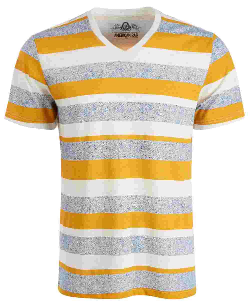 American Rag Men's Striped V Neck T-Shirt Yellow Size XX-Large