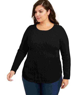 Charter Club Women's Plus Ribbed Trim Button Sleeves Crewneck Sweater Black Size 2X
