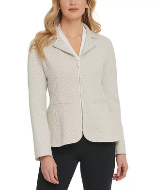 DKNY Women's Beige Glitter Patterned Zip Up Jacket White Size 10