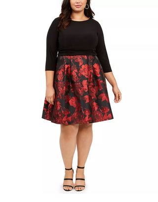 Jessica Howard Women's Plus Floral Print Fit & Flare Dress Black / Red Size 24W