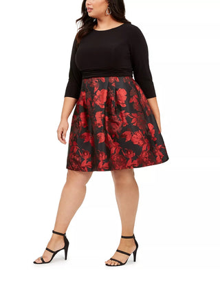 Jessica Howard Women's Plus Floral Print Fit & Flare Dress Black / Red Size 24W