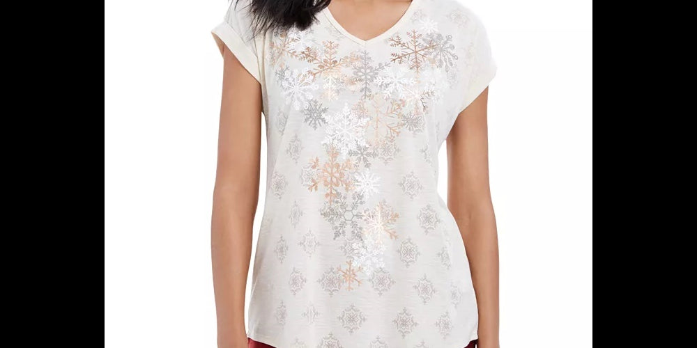 Style & Co Women's Petite Snowflake-Graphic Top Beige Size PP