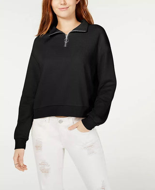 Crave Fame Juniors' Waffle-Knit Quarter-Zip Top Black X-Large