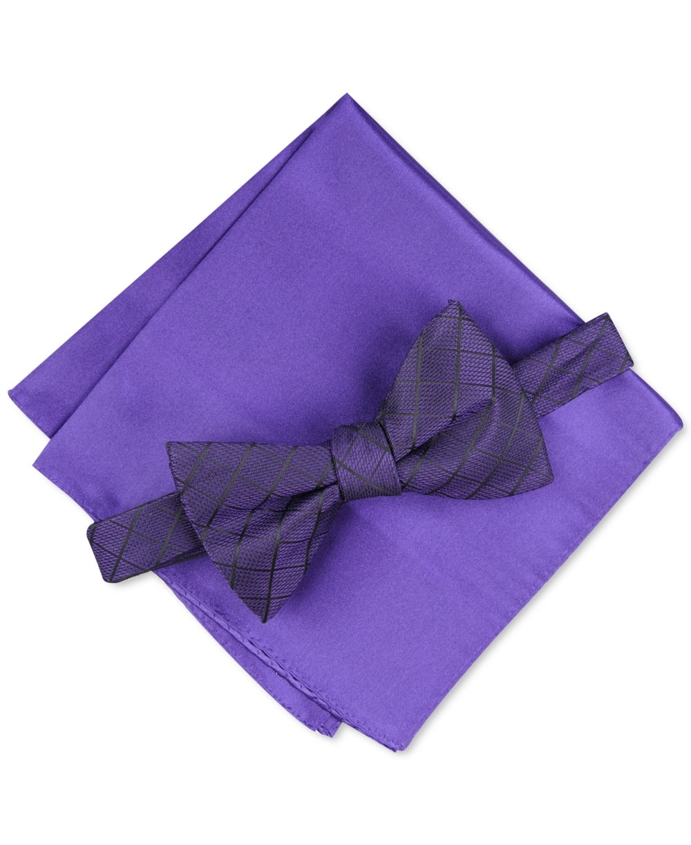 Alfani Men's Grid Pre Tied Bow Tie & Solid Pocket Square Set Purple Size Regular