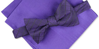Alfani Men's Grid Pre Tied Bow Tie & Solid Pocket Square Set Purple Size Regular