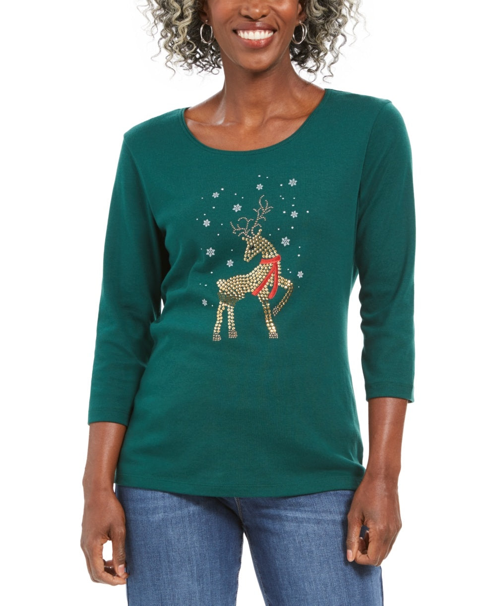 Karen Scott Women's Deer Decor Scoop Neck Top Green Size Petite Small