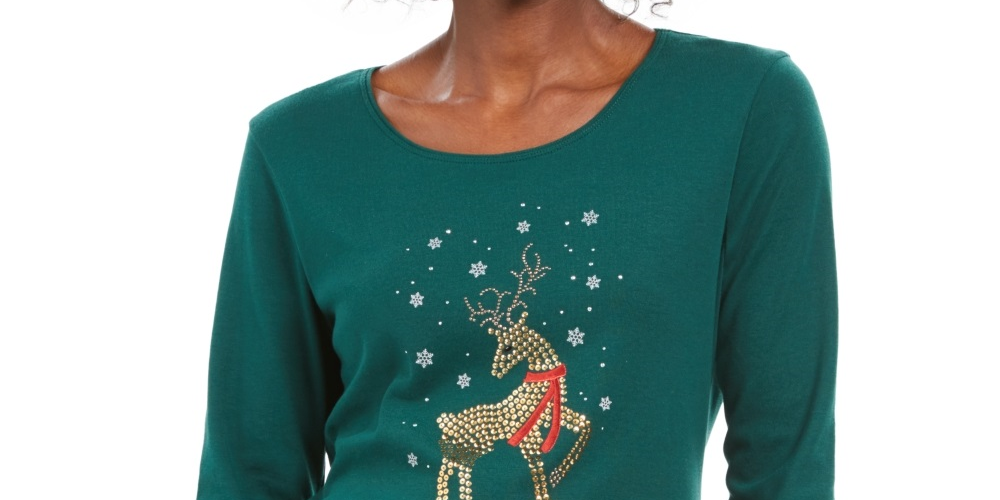 Karen Scott Women's Deer Decor Scoop Neck Top Green Size Petite Small
