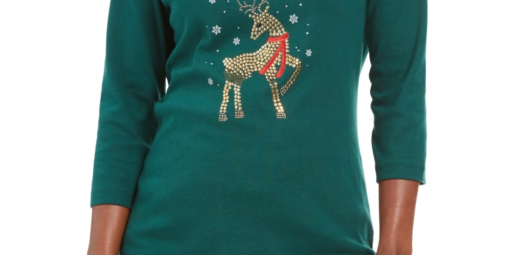 Karen Scott Women's Deer Decor Scoop Neck Top Green Size Petite Small