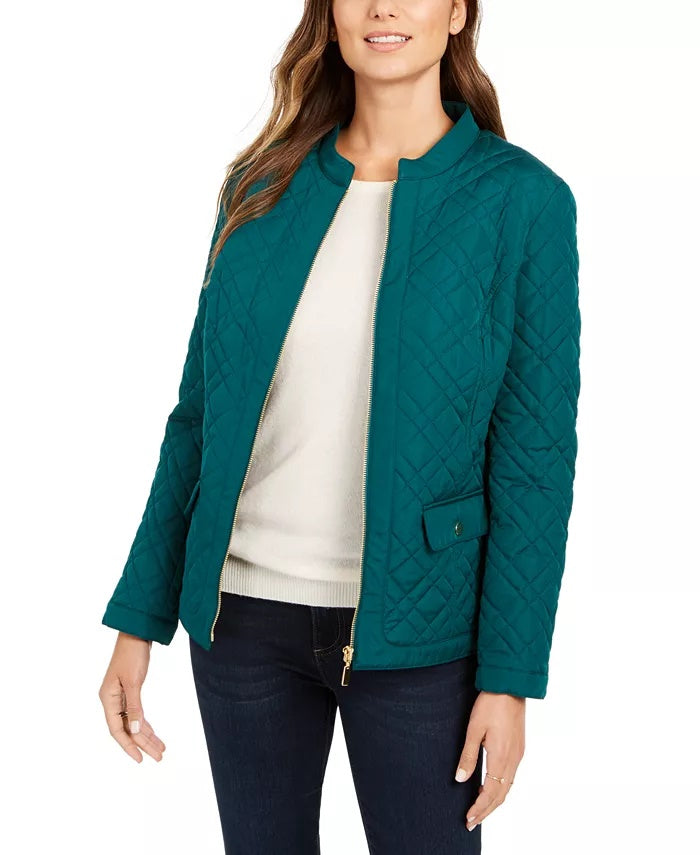 Charter Club Women's Quilted Mandarin-Collar Jacket Green Size X-Small