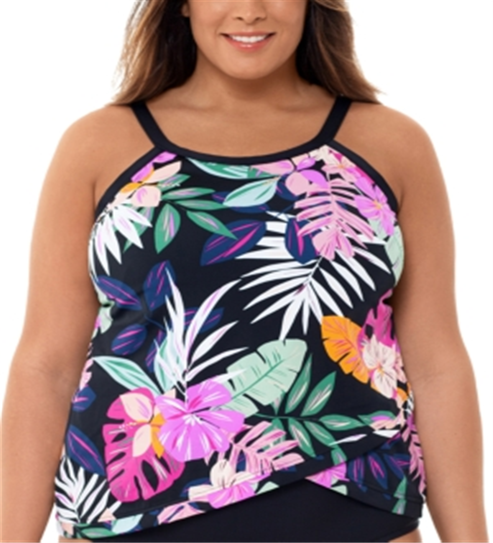 Swim Solutions Women's Deco Floral Underwire Tankini Top Black Size 24W