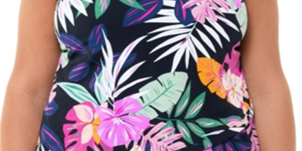 Swim Solutions Women's Deco Floral Underwire Tankini Top Black Size 24W