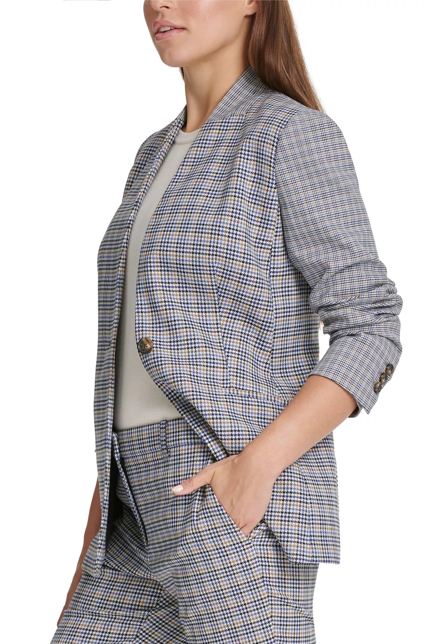 DKNY Women's Houndstooth Button Cuff Blazer Blue Size 6 Petite