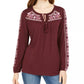 Style & Co Women's Embroidered Tie-Neck Top Wine X-Large