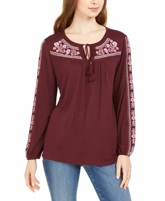 Style & Co Women's Embroidered Tie-Neck Top Wine X-Large