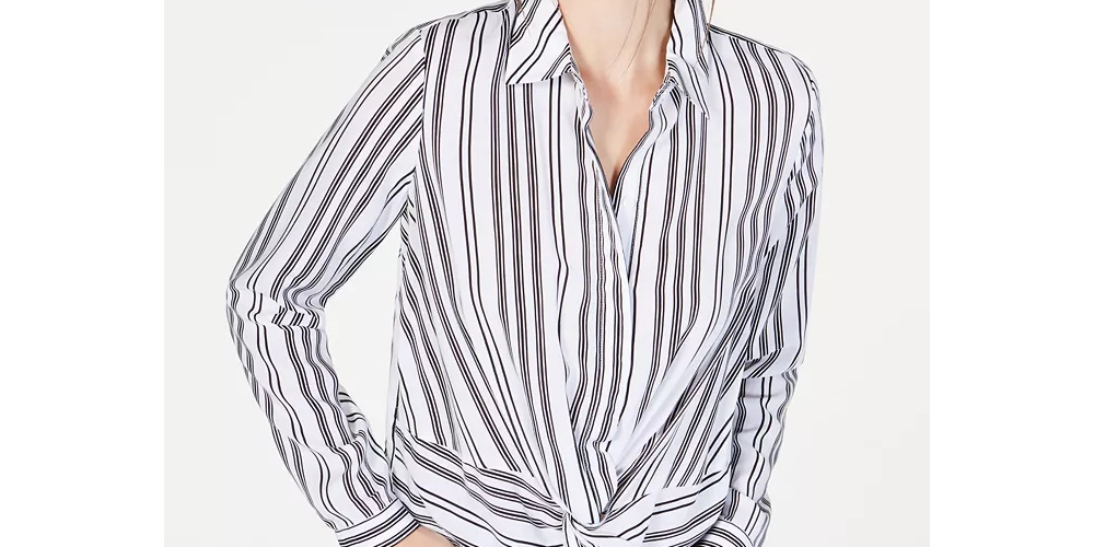 INC International Concepts Women's Twist-Front Button-Up Shirt White /Black  Size X-Small