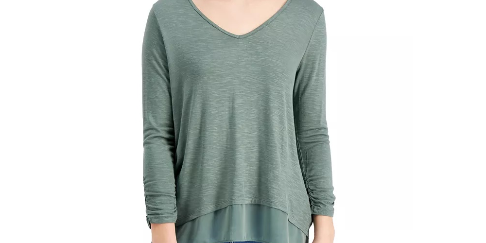 Style & Co Women's V-Neck Chiffon-Hem Top Green  Size Small