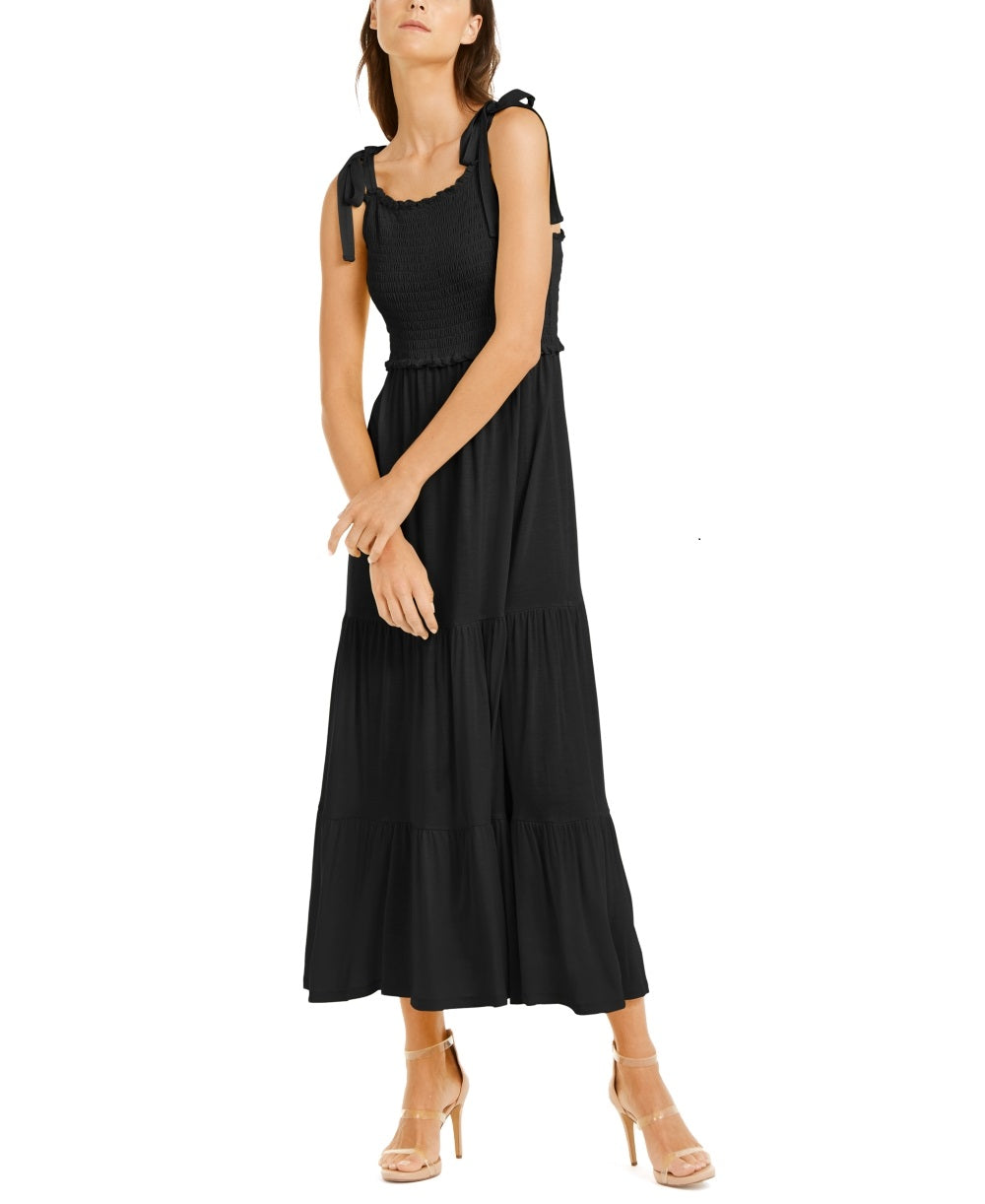 INC International Concepts Women's Smocked Bodice Peplum Midi Dress Black Size X-Small