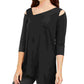 Alfani Women's Cut Out Shoulders Solid 3/4 Sleeve V Neck Top Black Size Large
