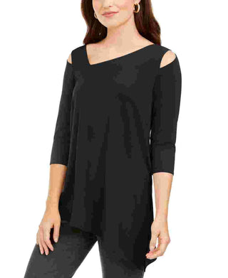 Alfani Women's Cut Out Shoulders Solid 3/4 Sleeve V Neck Top Black Size Large