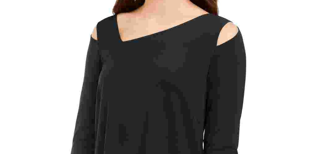 Alfani Women's Cut Out Shoulders Solid 3/4 Sleeve V Neck Top Black Size Large