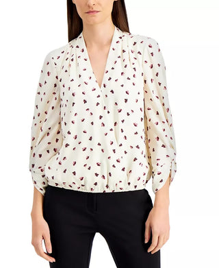 Alfani Women's Printed Surplice Top Beige Size X-Small