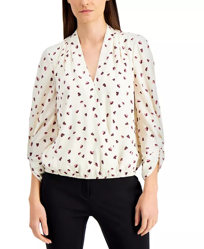 Alfani Women's Printed Surplice Top Beige Size X-Small
