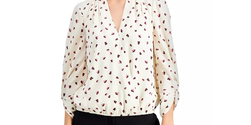 Alfani Women's Printed Surplice Top Beige Size X-Small